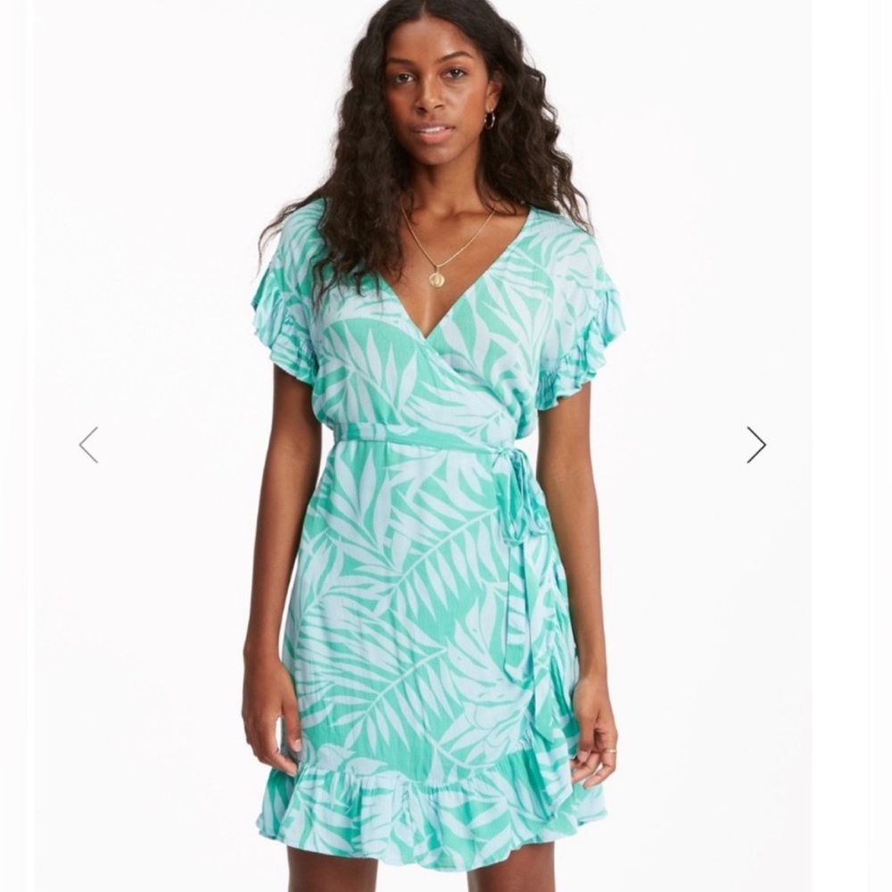 Billabong Wrap Women’s Mini Dress Tropical Teal Green Palm Leaves Print